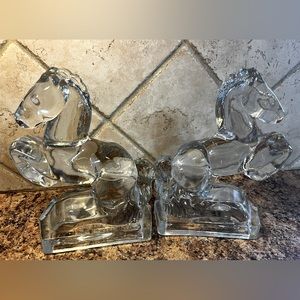 Horse bookends, clear glass, very heavy